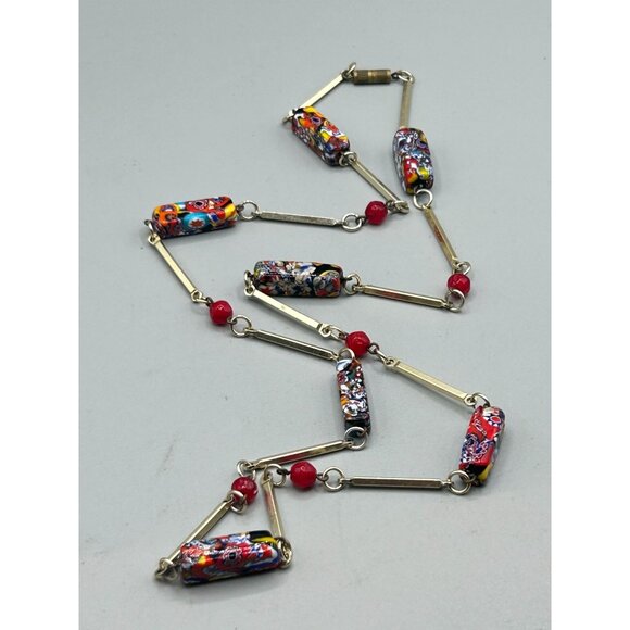 Vintage Red Millefiori Murano Glass Necklace Station Beads & Gold Tone Links - Picture 2 of 6